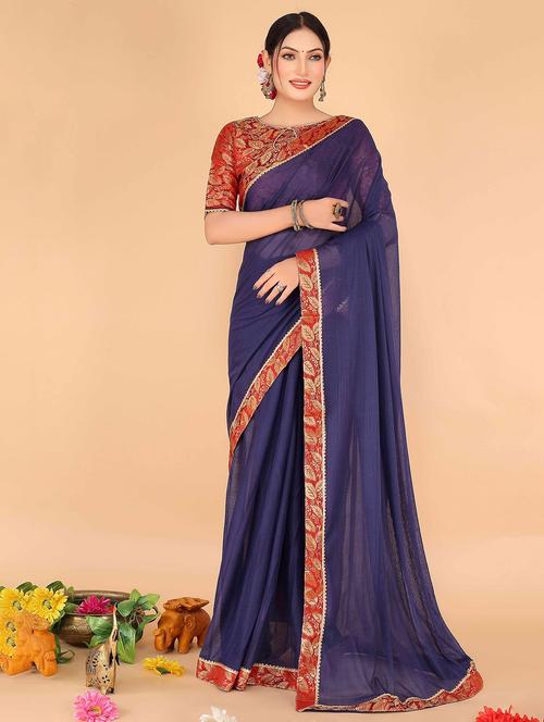 navy blue solid bordered saree with blouse - 20058722 - Very Small Image - 1