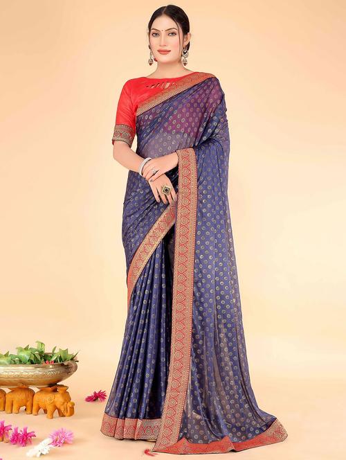women's self design navy blue colored saree with blouse - 20058733 - Very Small Image - 1