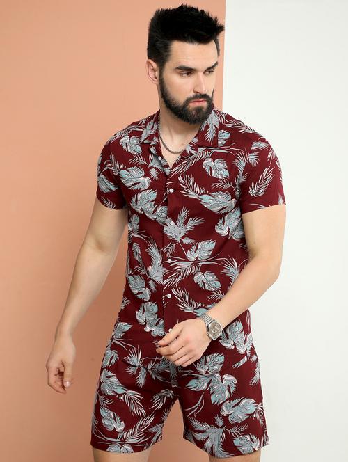 mens printed rayon shorts & shirt set - 20059856 - Very Small Image - 1