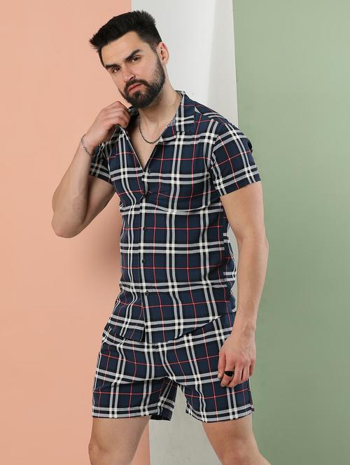 mens checkered rayon shorts & shirt set - 20059864 - Very Small Image - 1