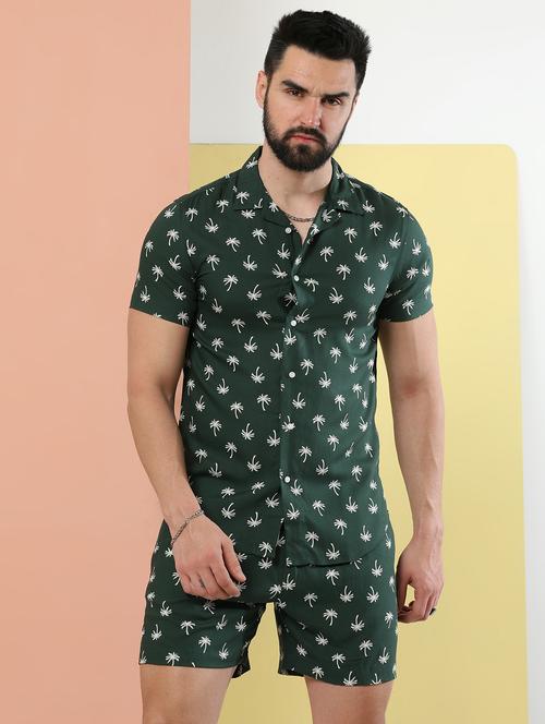 mens printed rayon shorts & shirt set - 20059869 - Very Small Image - 1