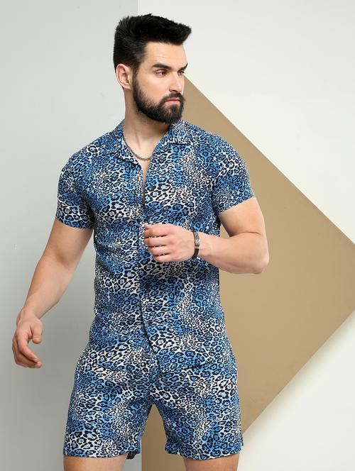 mens printed rayon shorts & shirt set - 20059876 - Very Small Image - 1