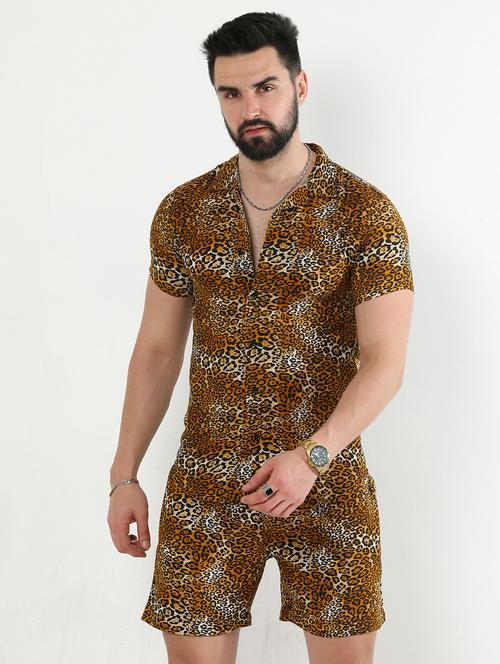 mens printed rayon shorts & shirt set - 20059877 - Very Small Image - 1