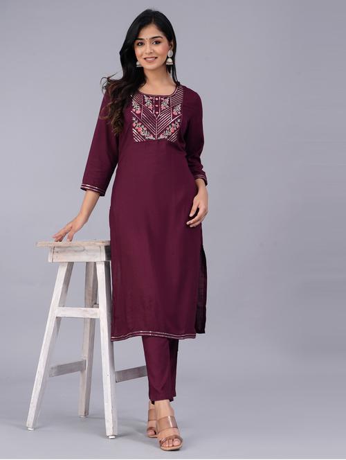 round neck solid kurta pant set - 20060145 - Very Small Image - 1