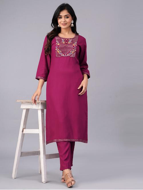 round neck solid kurta pant set - 20060150 - Very Small Image - 1