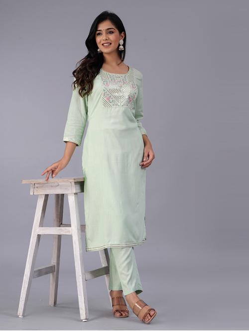 round neck solid kurta pant set - 20060151 - Very Small Image - 1