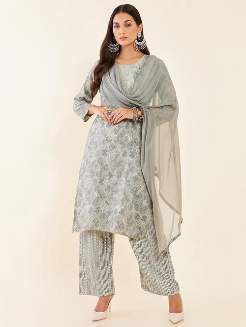 printed unstitched palazzo suit set - 20060412 - Very Small Image - 1