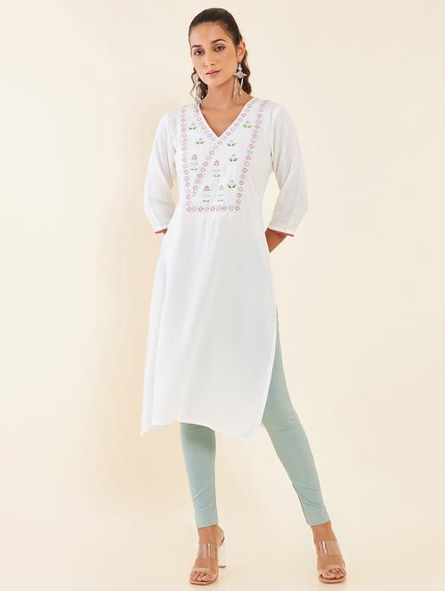 v neck white a-line kurta - 20060431 - Very Small Image - 1