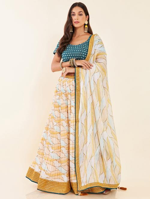 yellow self design unstitched lehenga - 20060433 - Very Small Image - 1