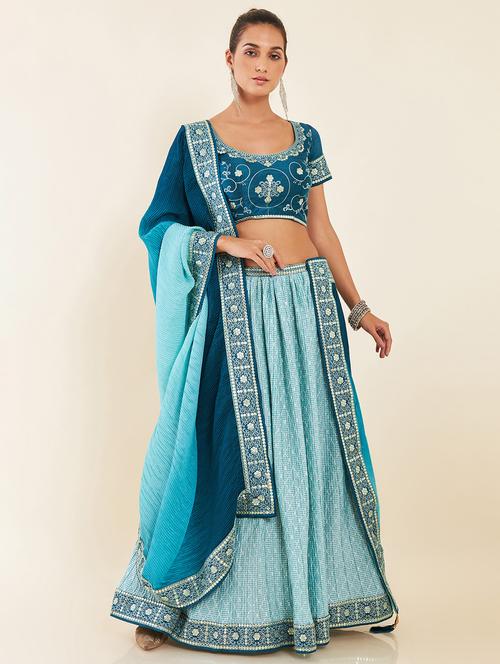 blue self design unstitched lehenga - 20060442 - Very Small Image - 1