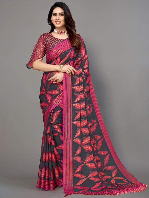 black printed saree with blouse - 20060628 - Very Small Image - 1