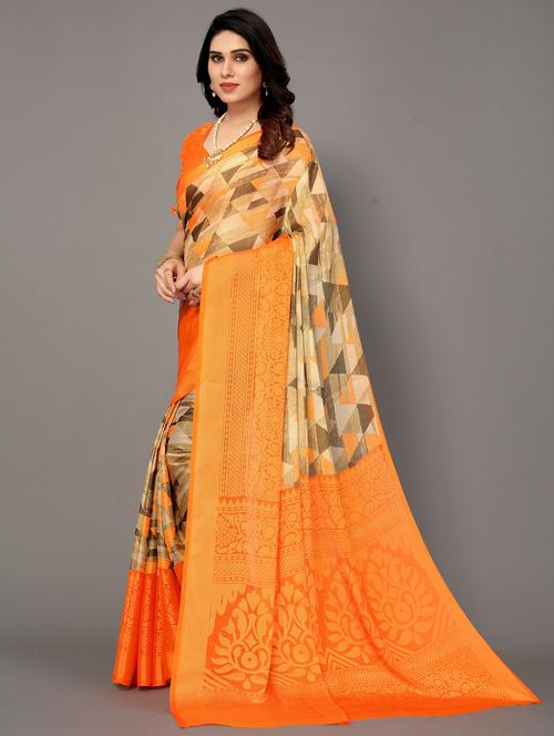 orange printed saree with blouse - 20060638 - Very Small Image - 1