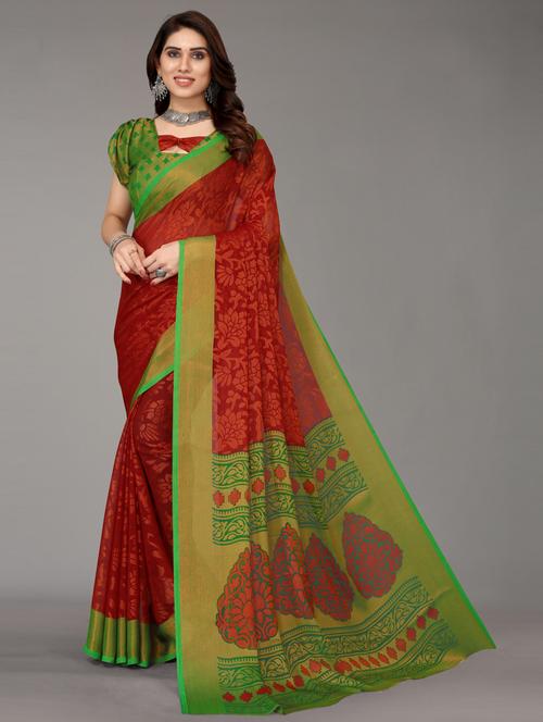 red chiffon saree with blouse - 20060684 - Very Small Image - 1
