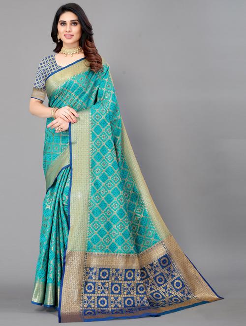 light blue silk blend banarasi saree with blouse - 20060710 - Very Small Image - 1