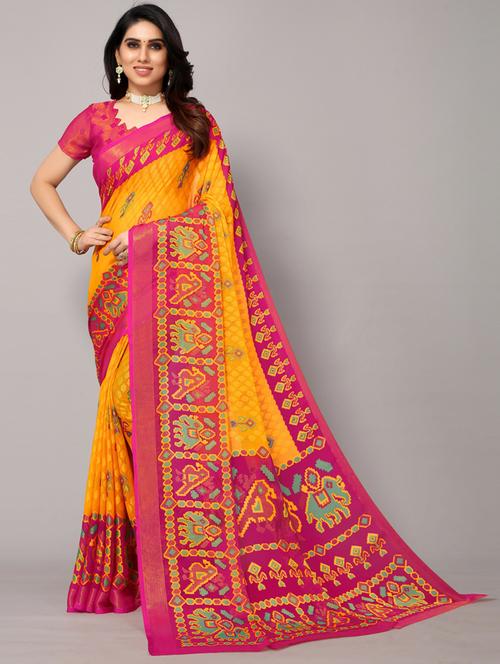 yellow printed saree with blouse - 20060767 - Very Small Image - 1