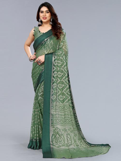 green printed saree with blouse - 20060782 - Very Small Image - 1
