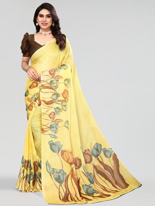 yellow printed saree with blouse - 20060787 - Very Small Image - 1