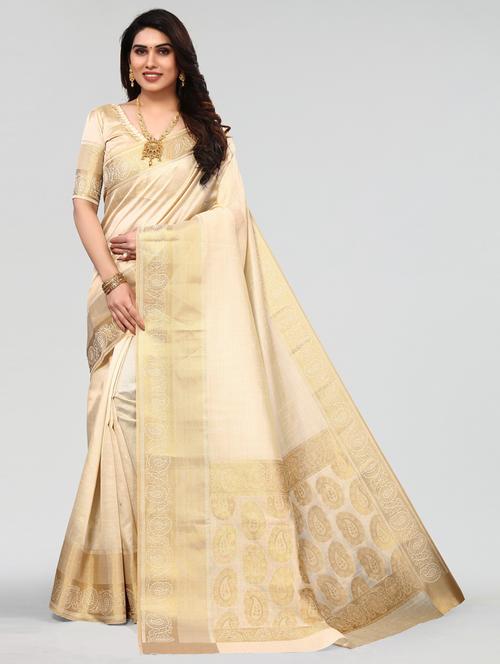 cream banarasi saree with blouse - 20060790 - Very Small Image - 1