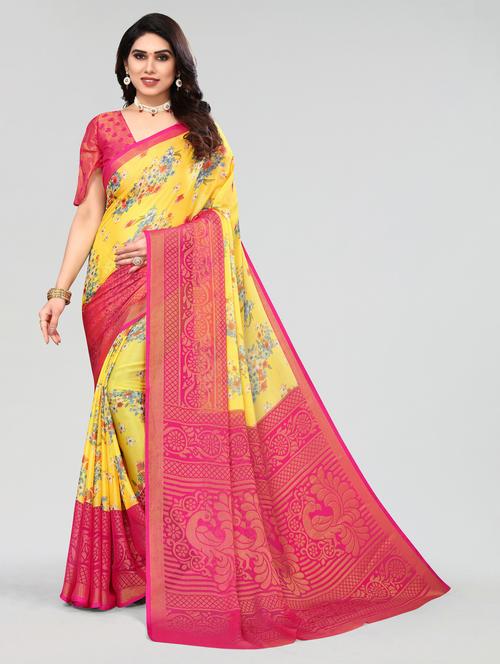 yellow printed saree with blouse - 20060806 - Very Small Image - 1