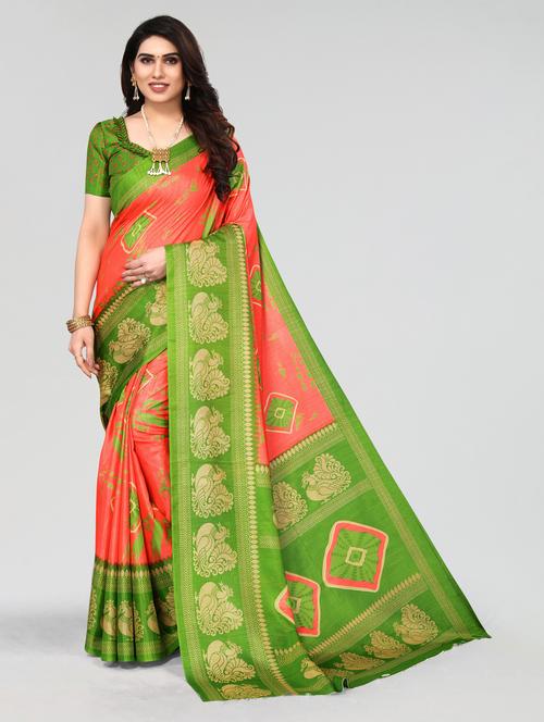 orange printed saree with blouse - 20060813 - Very Small Image - 1