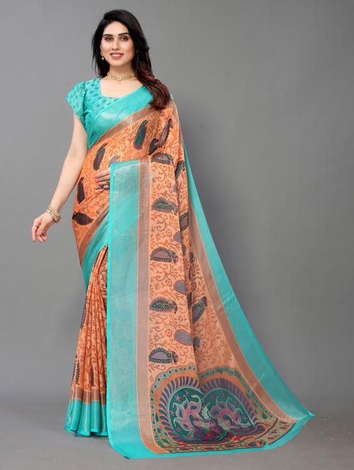 orange printed saree with blouse - 20060825 - Very Small Image - 1