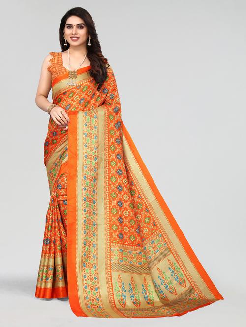 orange floral printed saree with blouse - 20060828 - Very Small Image - 1