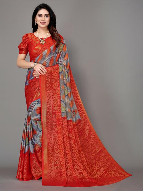 red woven saree with blouse - 20060908 - Very Small Image - 1