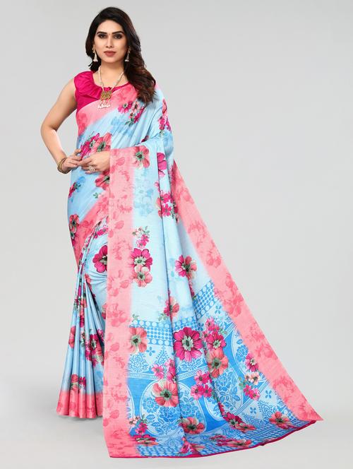 light blue cotton blend printed saree with blouse - 20060924 - Very Small Image - 1