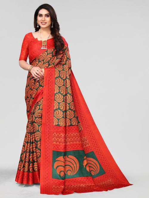 dark green printed saree with blouse - 20060989 - Very Small Image - 1
