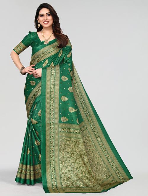 dark green printed saree with blouse - 20060991 - Very Small Image - 1