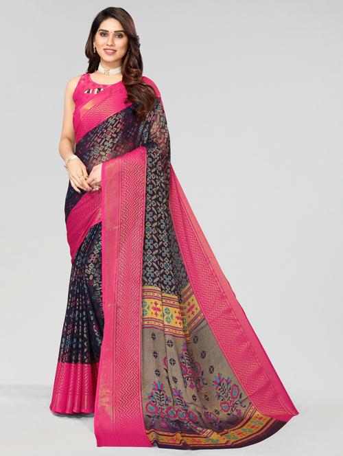 dark blue chiffon saree with blouse - 20060995 - Very Small Image - 1