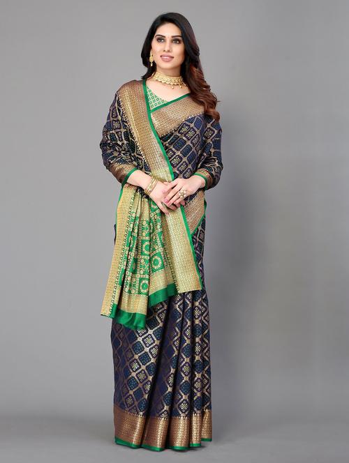 dark blue silk blend banarasi saree with blouse - 20060997 - Very Small Image - 1