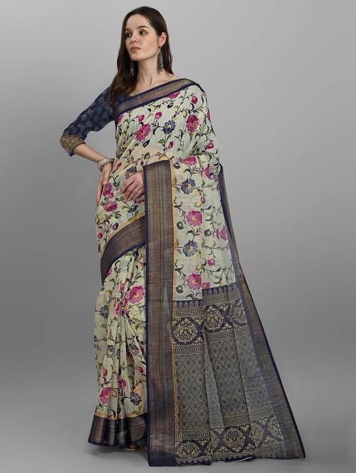 dark blue cotton blend saree with blouse - 20061021 - Very Small Image - 1