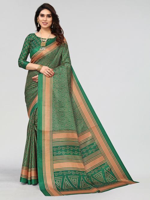 dark green cotton blend saree with blouse - 20061028 - Very Small Image - 1