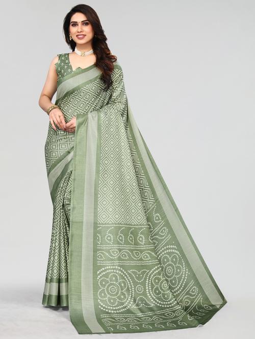 light green cotton blend printed saree with blouse - 20061029 - Very Small Image - 1
