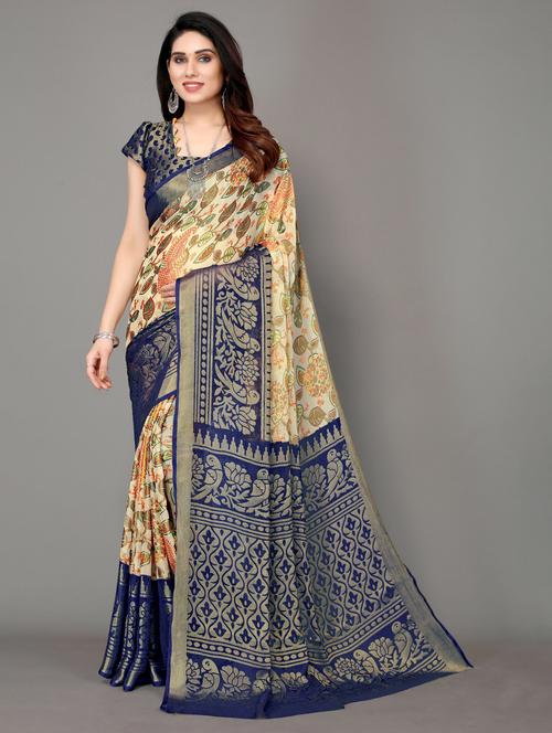 dark blue chiffon saree with blouse - 20061034 - Very Small Image - 1