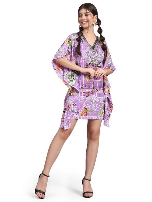 purple v-neck printed kaftan dress - 20061699 - Very Small Image - 1