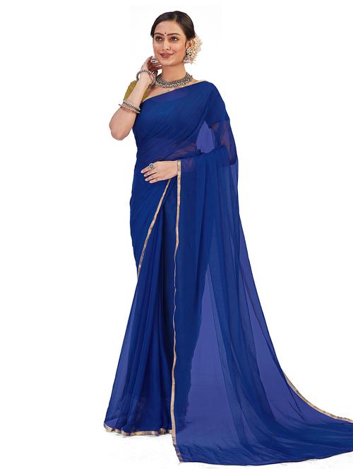 blue solid plain saree with blouse - 20064244 - Very Small Image - 1