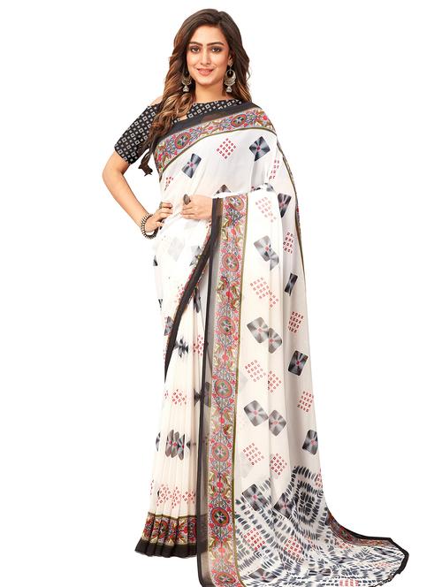 white printed saree with blouse - 20064264 - Very Small Image - 1