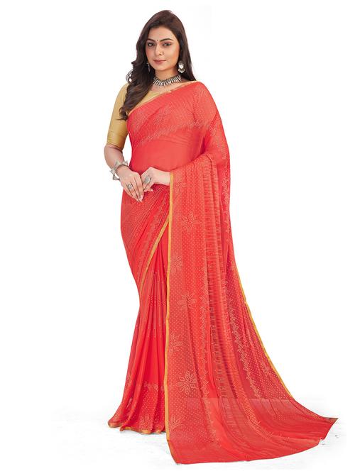 orange floral printed saree with blouse - 20064276 - Very Small Image - 1