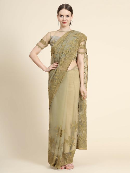 olive self design saree with blouse - 20064318 - Very Small Image - 1