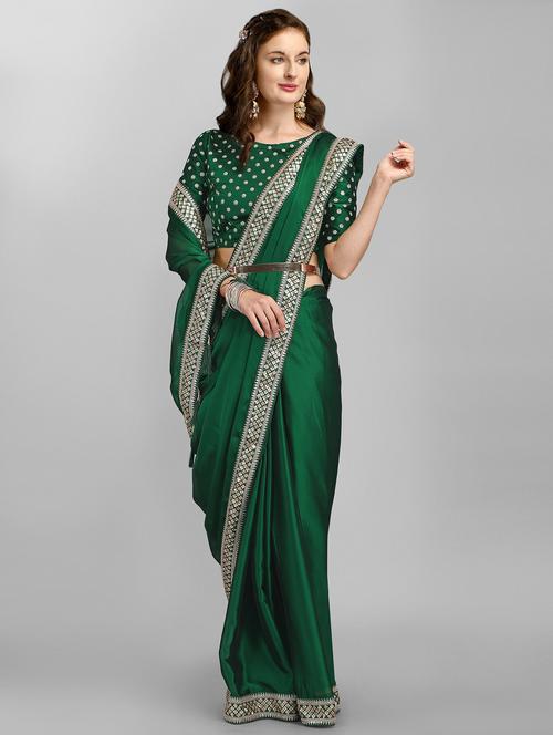 green solid bordered saree with blouse - 20064338 - Very Small Image - 1