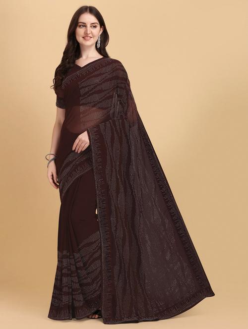 brown self design saree with blouse - 20064350 - Very Small Image - 1