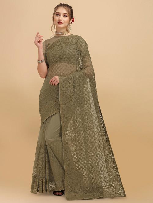 olive self design saree with blouse - 20064393 - Very Small Image - 1