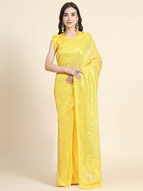 yellow self design saree with blouse - 20064425 - Very Small Image - 1