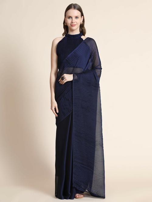 dark blue solid plain saree with blouse - 20064429 - Very Small Image - 1