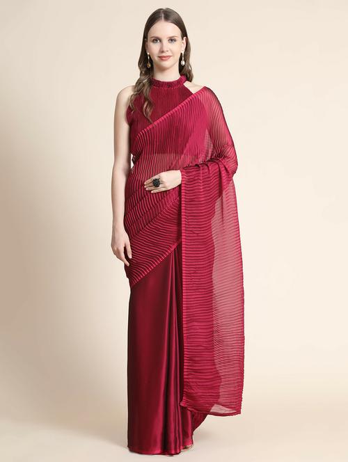 pink solid plain saree with blouse - 20064430 - Very Small Image - 1