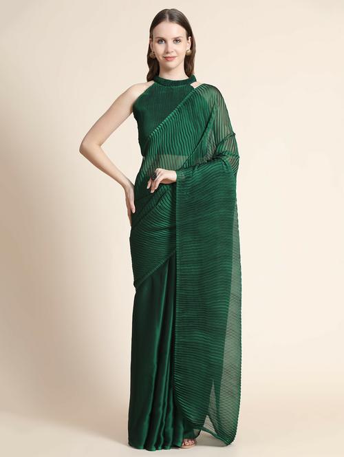 dark green solid plain saree with blouse - 20064434 - Very Small Image - 1