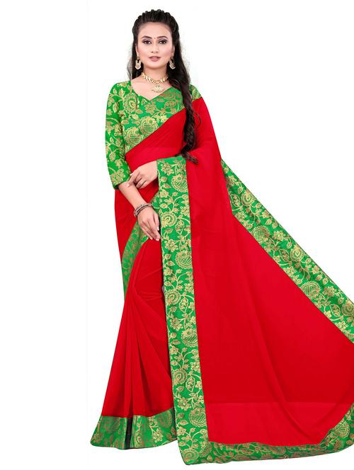 red solid bordered saree with blouse - 20064445 - Very Small Image - 1