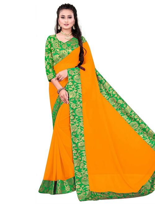 yellow solid bordered saree with blouse - 20064446 - Very Small Image - 1